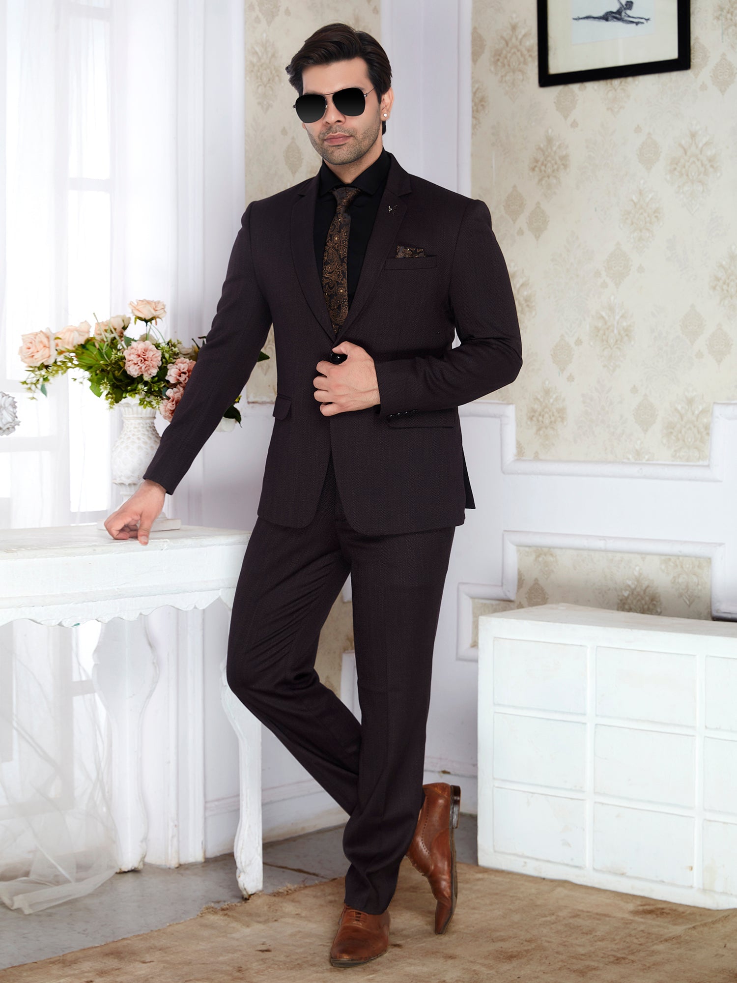 Raxon Textured Brown 2 Piece Suit for Men | Regular Fit