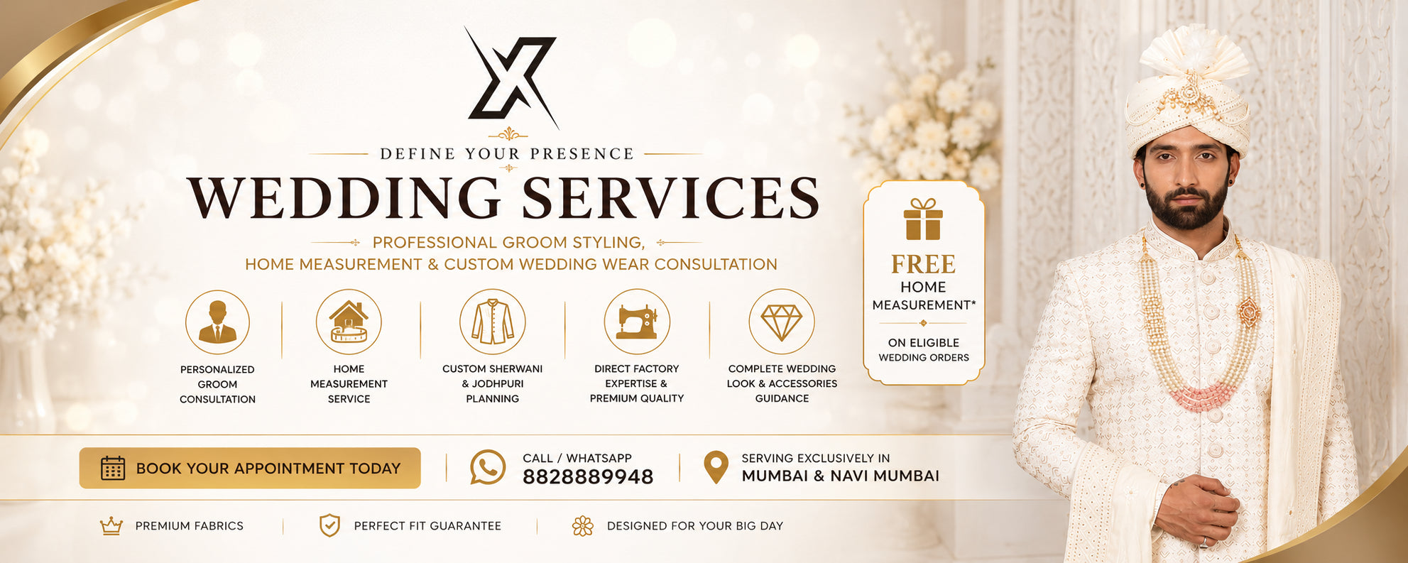 Advertisement for wedding services with a man in traditional attire against a decorative background.